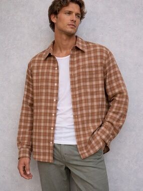 Outerknown light brown plaid organic cotton linen boxy button down long sleeve